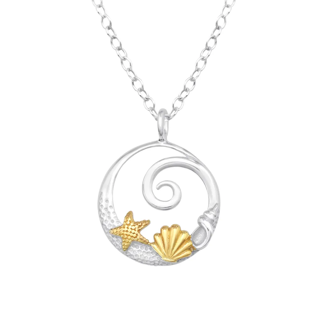 Sterling Silver and 18kt Gold Plated Wave, Shell, and Starfish Pendant Necklace - Ag Sterling