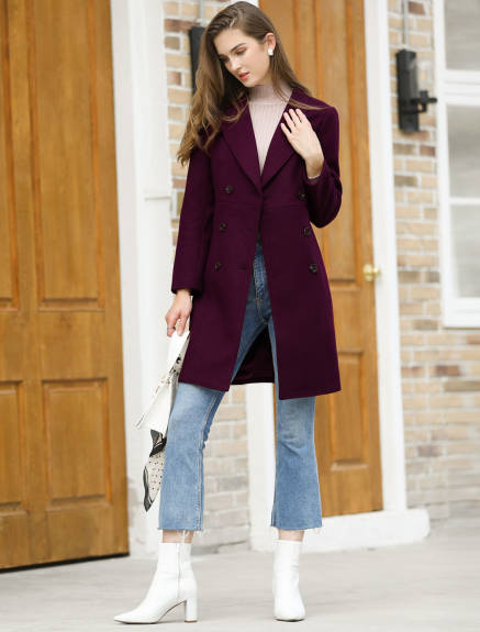 Allegra K- Notched Lapel Double Breasted Long Trenchcoat