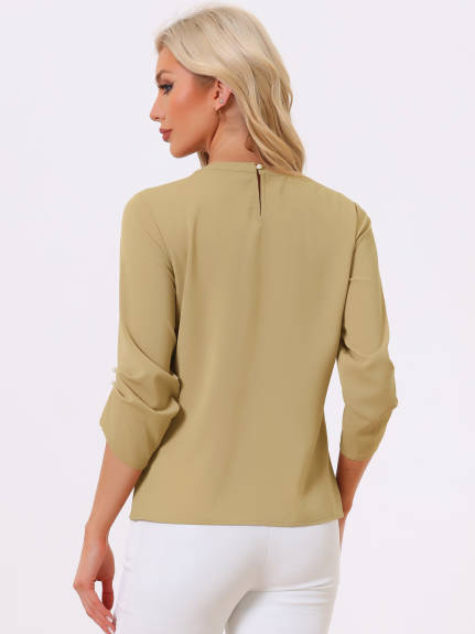 Allegra K- Round Neck Keyhole Pleated Shirred 3/4 Sleeve Top