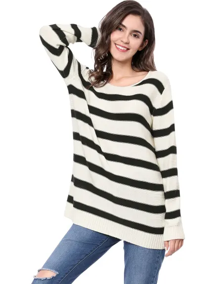 Allegra K- Round Neck Drop Shoulder Loose Striped Tunic Sweater