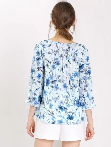 Allegra K- Tie V Neck Ruffled 3/4 Sleeve Floral Blouse