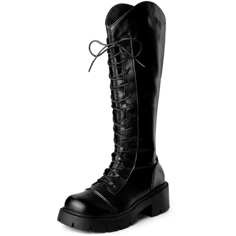 Allegra K - Platform Lace Up Block Heel Knee High Combat Boots