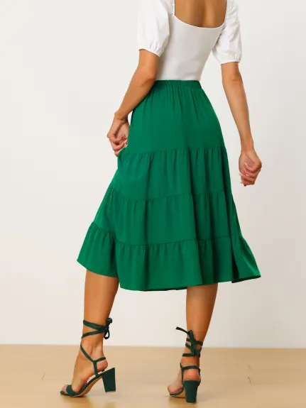 Allegra K- Elastic Waist Tiered A-Line Midi Skirt