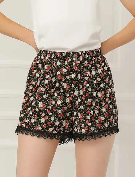 Allegra K - Summer Floral Printed Lace Trim Beach Shorts