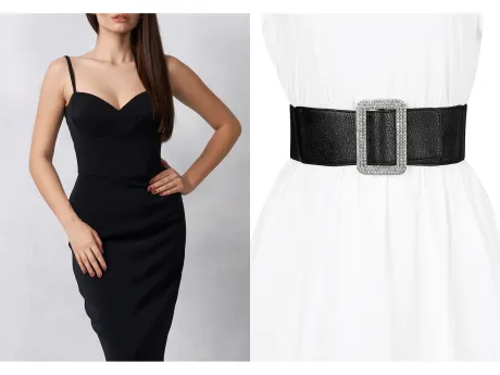 Allegra K- Thick Waist Elastic Rhinestone Buckle Wide Belt