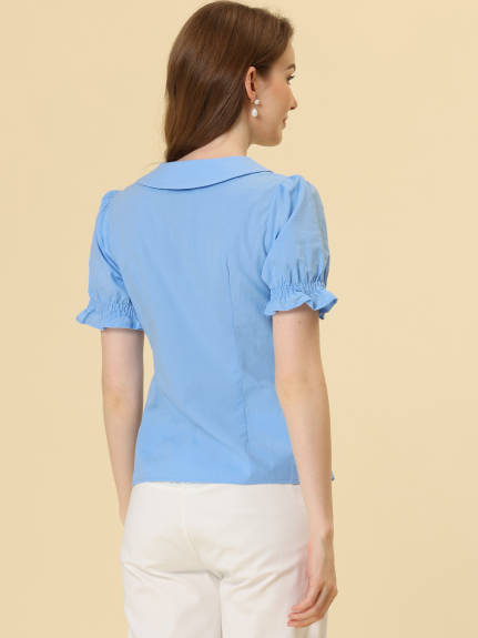 Allegra K- Lapel Pleated Short Sleeve Blouse