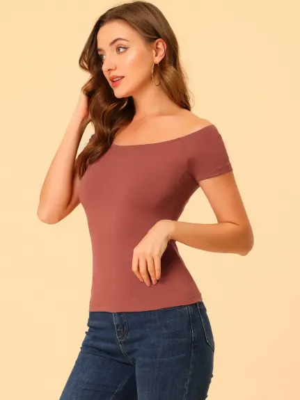 Allegra K- Off Shoulder Solid Slim Fit Tees