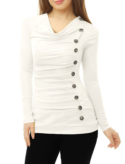 Allegra K- Cowl Neck Buttons Decor Ruched Blouse