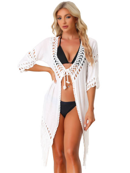 Allegra K- Tassel Tie Front Crochet Cardigan Swimsuit