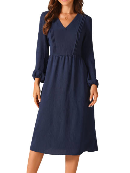 Allegra K - Long Sleeve V-Neck Pleated Fall Dress