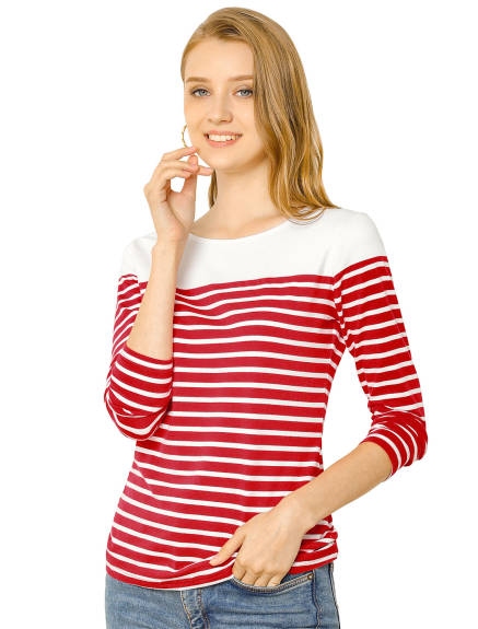 Allegra K- Color Block Long Sleeve Stripe T-Shirt