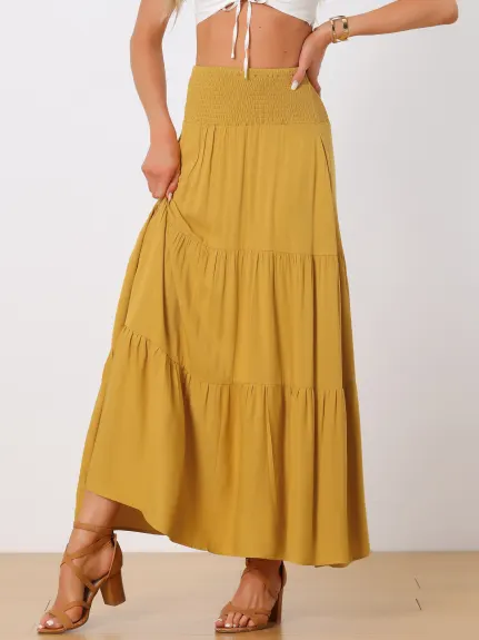 Allegra K- Elastic High Waist Boho Tiered Summer Maxi Skirt