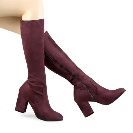 Allegra K- Side Zipper Chunky Heel Knee High Boots