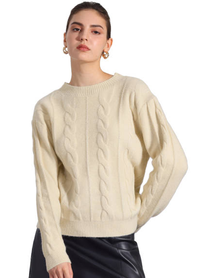 Allegra K - Long Sleeve Cable Knit Crewneck Sweater