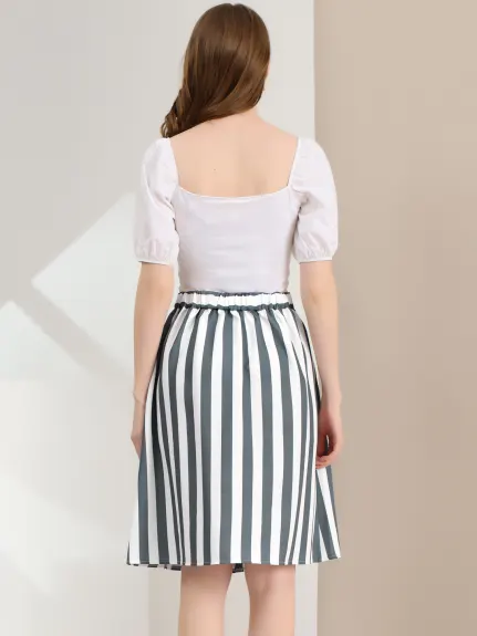 Allegra K - Button A-Line Striped Midi Skirt