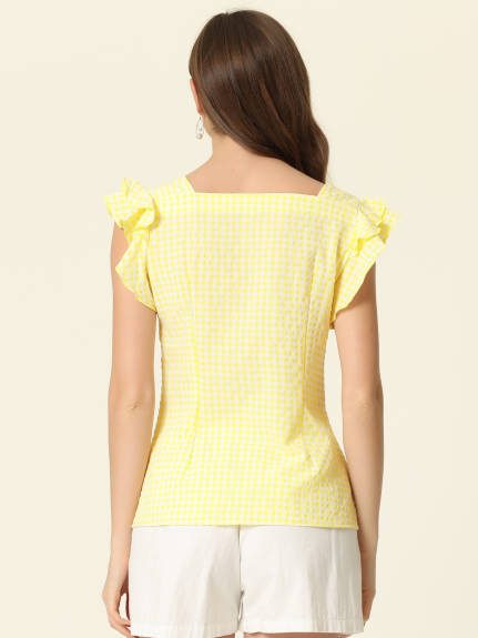 Allegra K - Summer Ruffle Sleeve Gingham Top