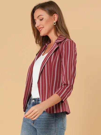 Allegra K- Casual Striped 3/4 Sleeves Open Front Notched Lapel Blazer