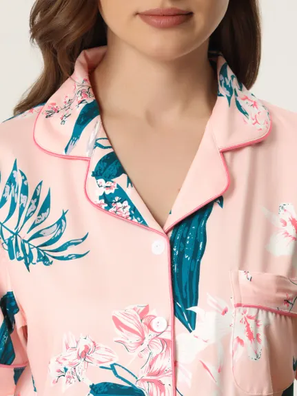 cheibear - Button Down Satin Floral Summer Pajamas Set