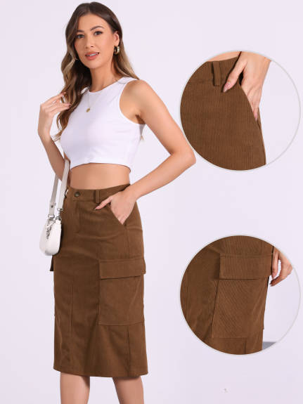 Allegra K - High Waist Corduroy Cargo Skirt