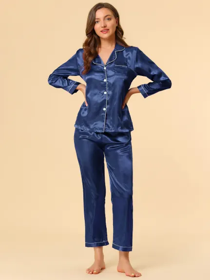 Allegra K - Satin Button Down Lounge Pajama Sets