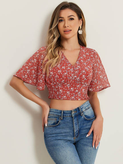 Allegra K - Floral V Neck Smocked Crop Top