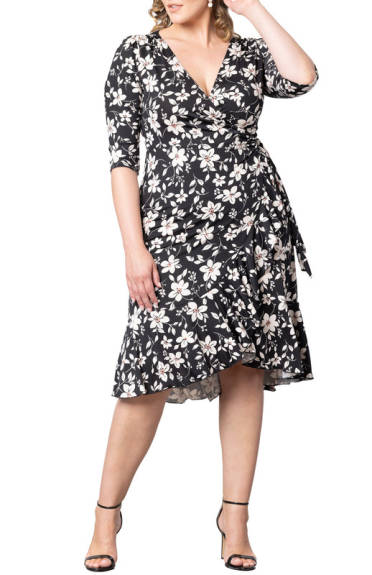 Kiyonna Flirty Flounce Midi Wrap Dress with 3/4 Sleeves (Plus Size)