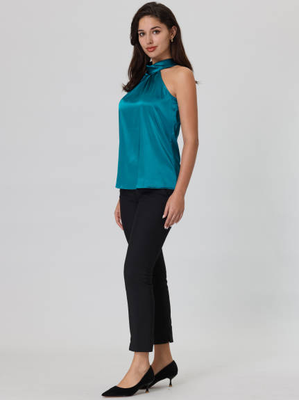 Hobemty -Halter Neck Satin Blouse Tank Top