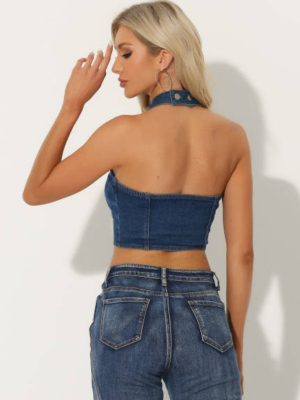 Allegra K- Denim Front Halter Backless Tank