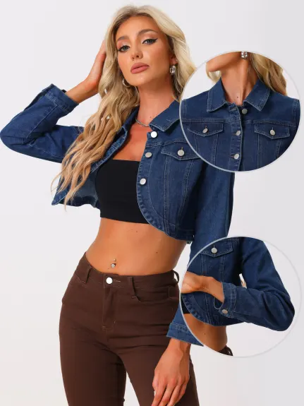 Allegra K- Long Sleeve Crop Jean Denim Jacket