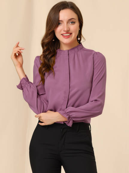 Allegra K- Ruffled Trim Stand Collar Long Sleeve Blouse