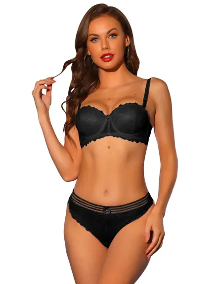 Allegra K- Ensemble soutien-gorge et culotte rembourrés à armatures et balconnet en dentelle