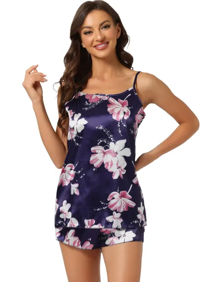 cheibear - Satin Pajama Summer Floral Camisole with Shorts