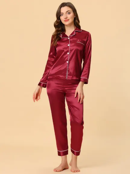 Allegra K - Satin Button Down Lounge Pajama Sets