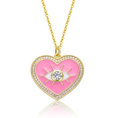 Plaqué or jaune 14 carats avec pendentif cœur en émail rose avec zircone cubique transparente