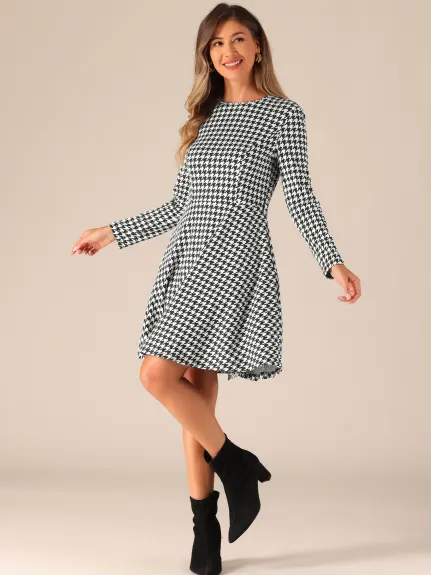 INSPIRE CHIC - Houndstooth Plaid Long Sleeve A-Line Dress