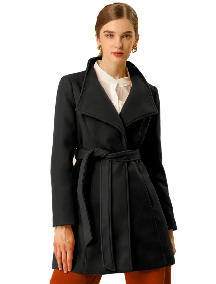 Allegra K- Classic Stand Collar Belted Long Coat