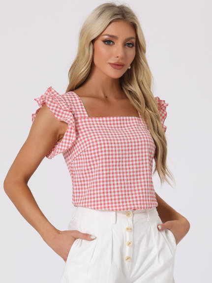 Allegra K - Summer Ruffle Sleeve Gingham Top