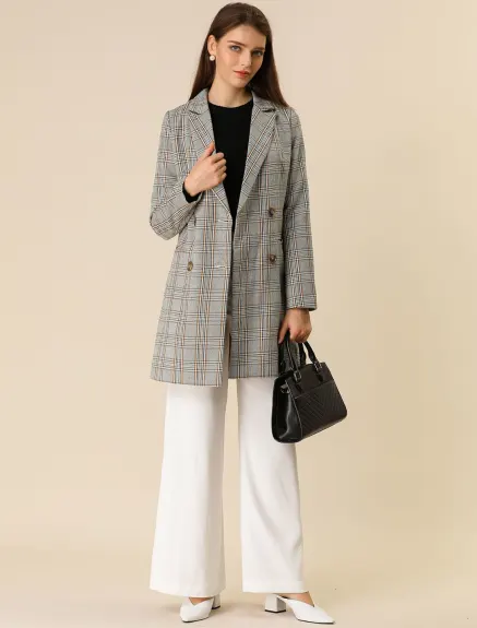 Allegra K- Notched Lapel Double Breasted Plaid Blazer