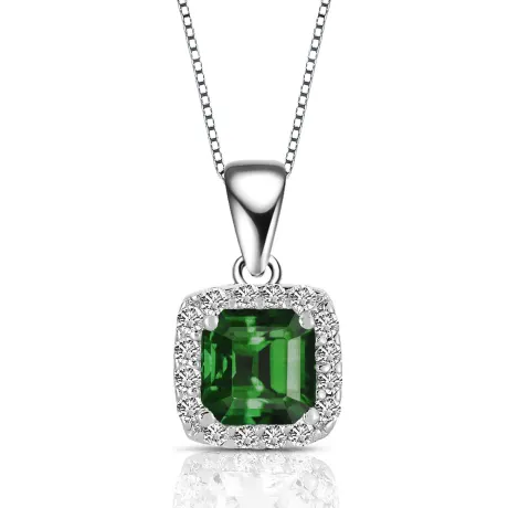 Genevive Sterling Silver with Colored Cubic Zirconia Asscher Cut Square Framed Drop Pendant Necklace