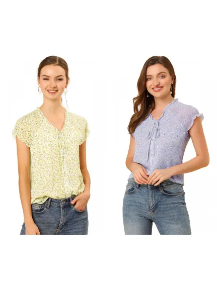 Allegra K- V Neck Summer Floral Chiffon Blouse 2-Pack