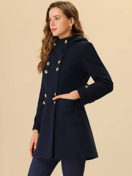 Allegra K- Stand Collar Double Breasted Hoodie Outerwear Coat