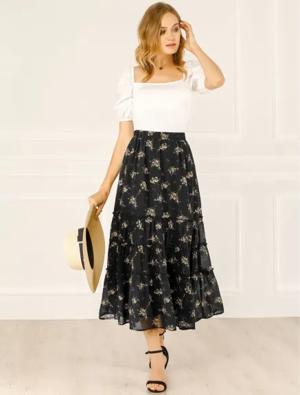 Allegra K- Floral Tiered A-Line Long Chiffon Skirt