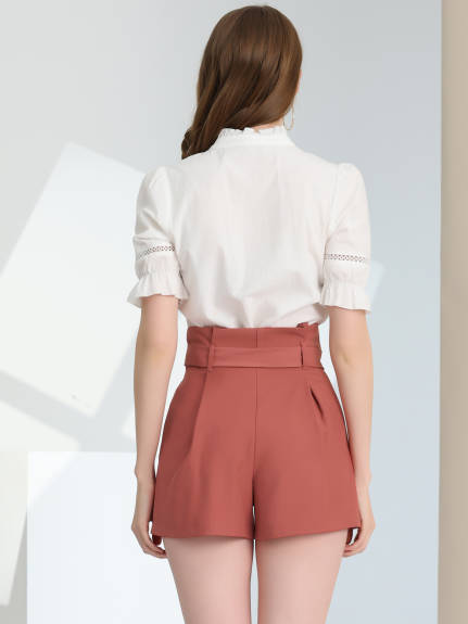 Allegra K- Bow Belt High Paper Bag Waist Shorts