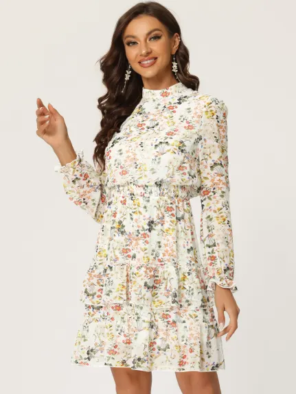 Allegra K- Floral Smocked Waist Sheer Sleeve Ruffle Layers Chiffon Dress