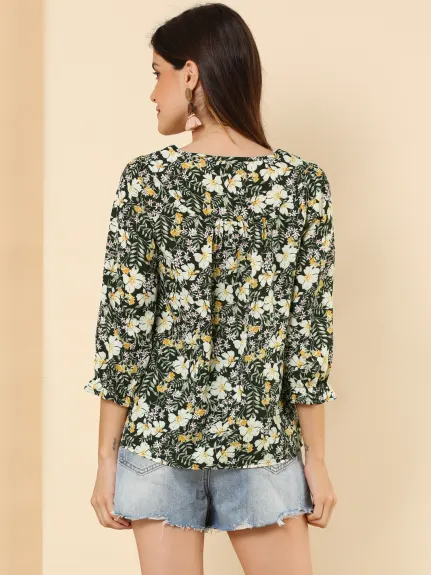 Allegra K- Tie V Neck Ruffled 3/4 Sleeve Floral Blouse