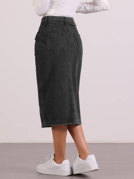 Allegra K - Front Split Hem Midi Denim Skirt