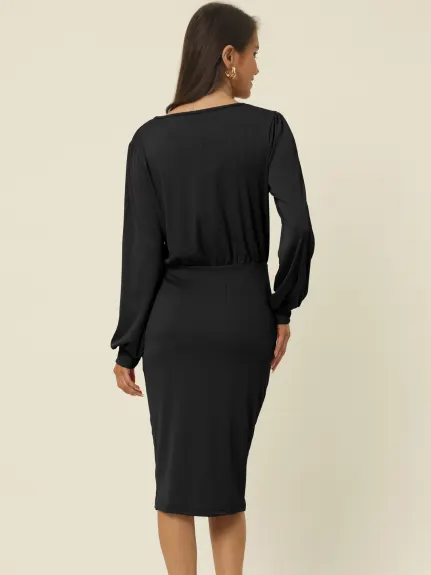 Allegra K- Ruched Side Slit Lantern Sleeve Ribbed Knit Bodycon Midi Dress