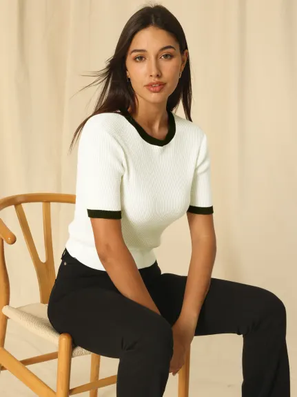 Hobemty- Knit Contrast Color Short Sleeve Pullover Top