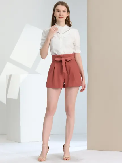 Allegra K- Bow Belt High Paper Bag Waist Shorts