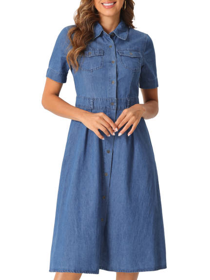 Allegra K - Denim A-Line Button Up Midi Dress